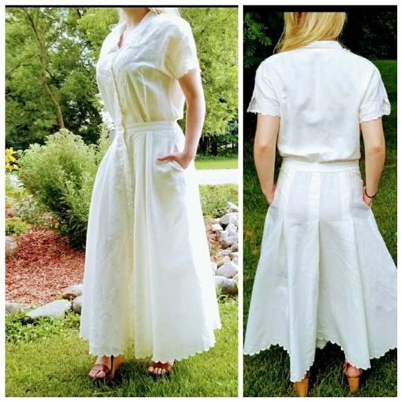 Vintage Dresses & Skirts - Vtg 80s Boho rustic chic embroidered prairie maxi